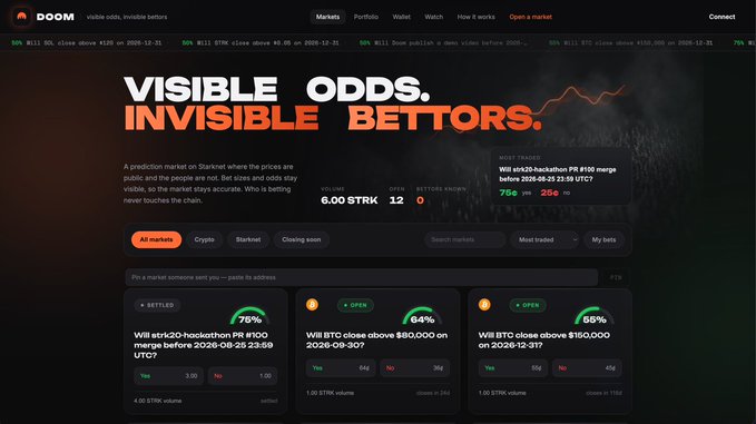 Screenshot of the DOOM prediction market website with the tagline 'VISIBLE ODDS. INVISIBLE BETTORS.' and market headlines including 'Will strk20-hackathon PR #100 merge before 2026-02-29 23:59 UTC?' and 'Will BTC close above $100,000 on 2026-08-31?'