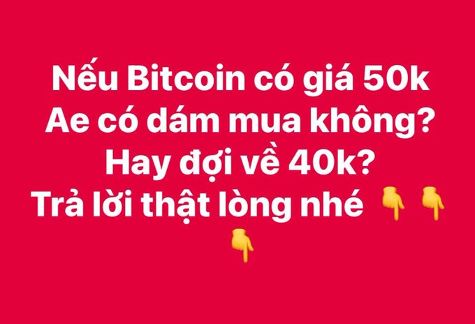 A red graphic with Vietnamese text asking 'Nếu Bitcoin có giá 50k Ae có dám mua không? Hay đợi về 40k? Trả lời thật lòng nhé' with three pointing down emojis.