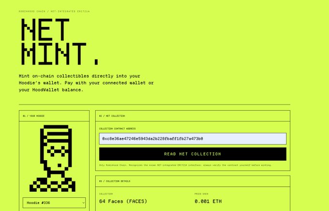 A bright green webpage titled 'NET MINT' explains minting on-chain collectibles directly into a Hoodie's wallet, showing a pixelated Hoodie character (#236) and a '64 Faces (FACES)' collection priced at 0.001 ETH.