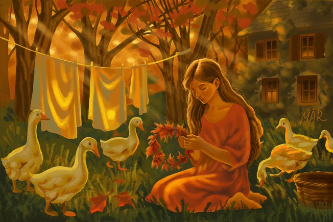A warm, autumnal illustration shows a woman in an orange dress sitting on the grass making a wreath of red leaves, surrounded by geese, with laundry hanging on a line and a house in the background; the artist signature 'MAR' is visible.
