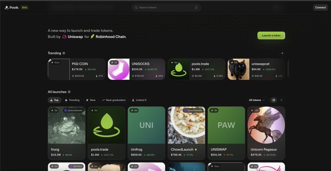 The image shows the Uniswap Pools platform homepage featuring trending tokens including PIGI COIN ($578.5K), UNISOCKS ($324.0K), pools.trade ($1.8M), and uniswpcat ($54.9K), alongside various token launches like frog, pools.trade, Unifrog, ChowdLunch, UNISWAP, and Unicorn Pegasus.

The screenshot directly illustrates the post's concern by showcasing Uniswap's official token launchpad platform, which competes with Pons and offers similar features for launching and trading new tokens—validating the user's warning about waiting before buying the PONS dip.