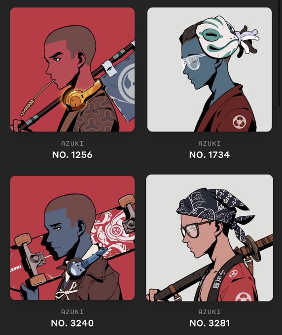 Four illustrated character cards labeled 'AZUKI' with numbers NO. 1256, NO. 1734, NO. 3240, and NO. 3281, featuring stylized characters carrying skateboards against red and white backgrounds.