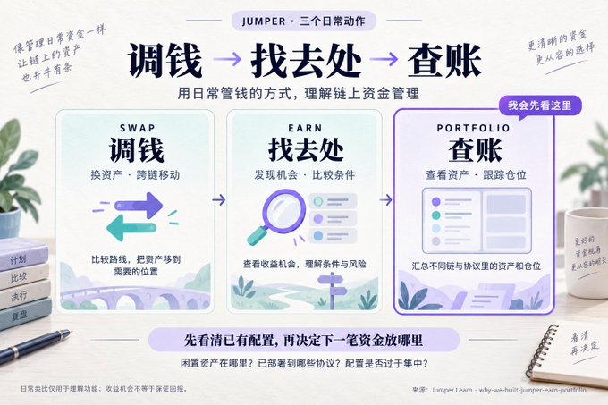 A Chinese-language infographic titled 'JUMPER' illustrates three daily actions—SWAP (调钱), EARN (找去处), and PORTFOLIO (查账)—for managing on-chain funds, with the Jumpper earth logo.
