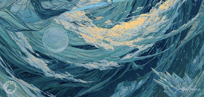 An artistic painting of a stormy sea with swirling blue waves, a glowing moon-like orb, and a jagged ice formation in the bottom right, signed 'Snowtrace' with a 'Brave Wave' logo.