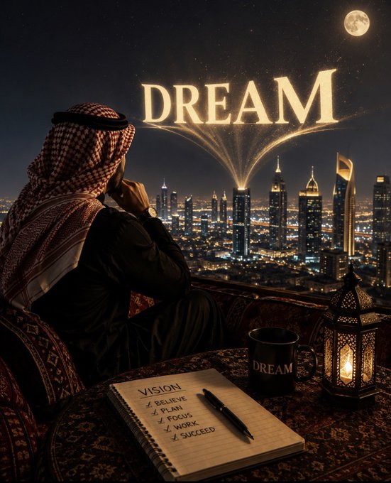 A motivational image showing a man in traditional Arab attire looking at a glowing 'DREAM' text over a Dubai skyline at night, with a notebook listing 'VISION' goals (Believe, Plan, Focus, Work, Succeed) and a 'DREAM' mug.