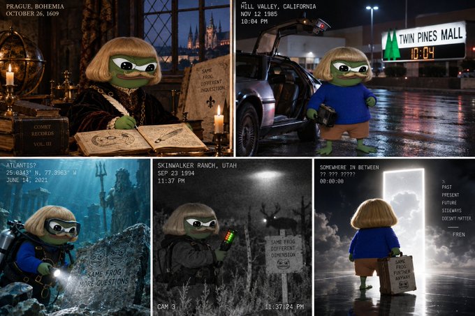 A multi-panel collage featuring a frog character with a blonde bowl-cut hairstyle photoshopped into famous historical and fictional scenes, including Prague 1609, Twin Pines Mall from Back to the Future, the Titanic, Skywalker Ranch, and a Portal scene.