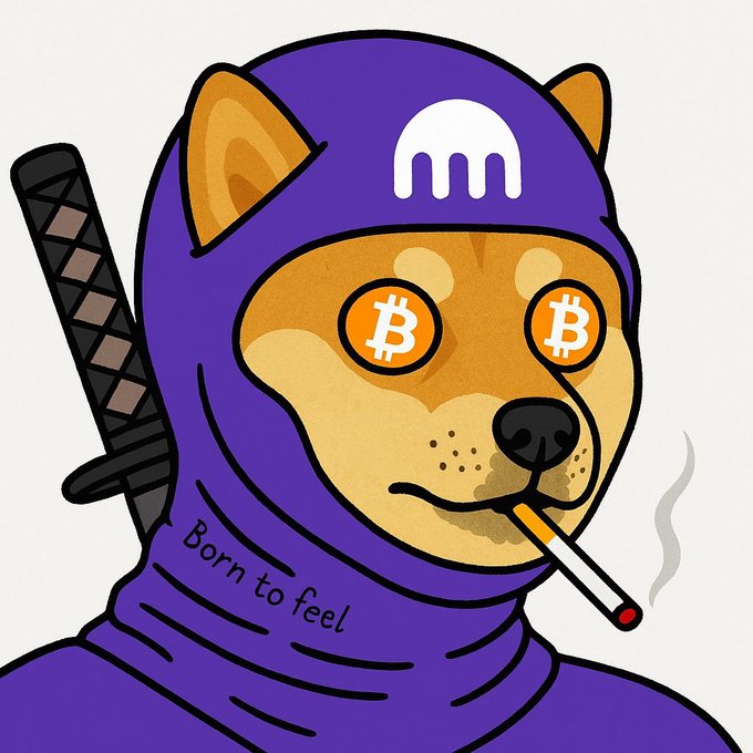 An illustration of a Shiba Inu dog dressed as a ninja in purple attire, with Bitcoin symbols as eyes, smoking a cigarette, and the phrase 'Born to feel' on its chest.