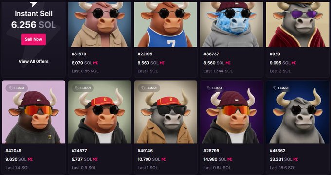 The image displays a marketplace listing page for "Instant Sell" options, showing nine NFT Bull avatars from the "SOL ME" collection priced in SOL, ranging from 6.256 SOL to 33.331 SOL, with most marked as "Listed." The bottom row showcases the bull collection mentioned in the post, including the highlighted clean grey 3-trait bull (#49146) priced at 10.700 SOL, alongside other listed bulls like #42049, #24577, #28795, and #45362.