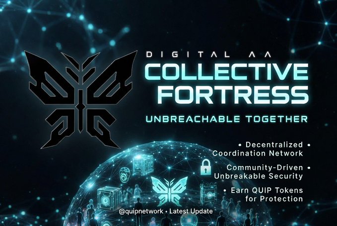 A promotional graphic for "DIGITAL COLLECTIVE FORTRESS" with the tagline "UNBREACHABLE TOGETHER," advertising decentralized coordination, community-driven security, and QUIP tokens, tagged @quipnetwork.
