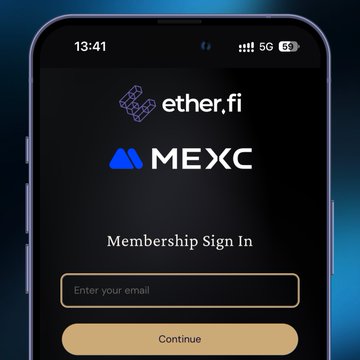 A smartphone screen displays the EtherFi and MEXC logos above a "Membership Sign In" page with an email entry field and a "Continue" button. The image relates to the post by showing the two platforms—EtherFi and MEXC—whose previously offered 1% extra cashback card program has now been reduced to standard EtherFi Cash cashback only.