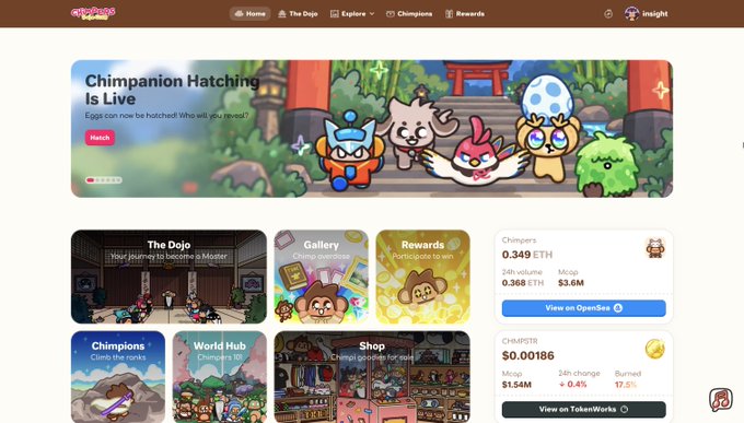 A screenshot of the ChimpX website homepage features a banner reading 'Chimpanion Hatching Is Live' alongside various sections like 'The Dojo', 'Gallery', and 'Rewards', with CHIMP/STR statistics including a 0.349 ETH market cap.