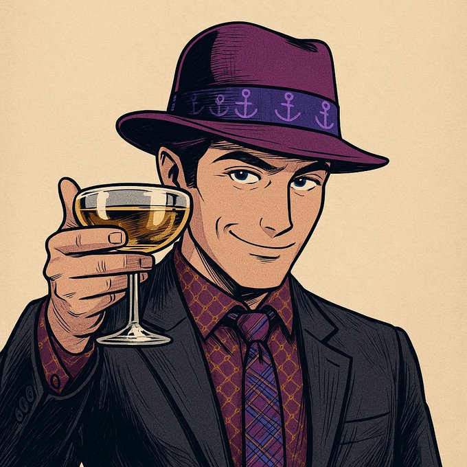 A stylish cartoon man in a purple fedora adorned with anchor motifs raises a champagne coupe in a toast, perfectly capturing the celebratory "GM & TGIF!" sentiment of good morning and thank God it's Friday.