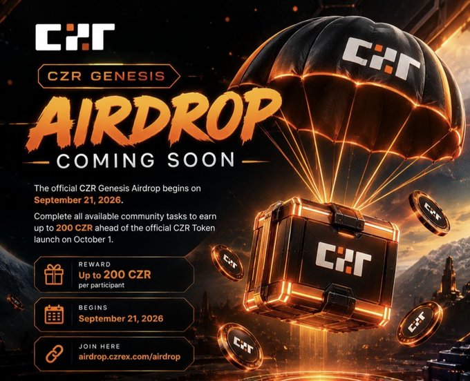 An advertisement for the 'CZR GENESIS AIRDROP' featuring a glowing orange crate attached to a parachute, with text indicating the airdrop begins on September 21, 2026, offering up to 200 CZR tokens.