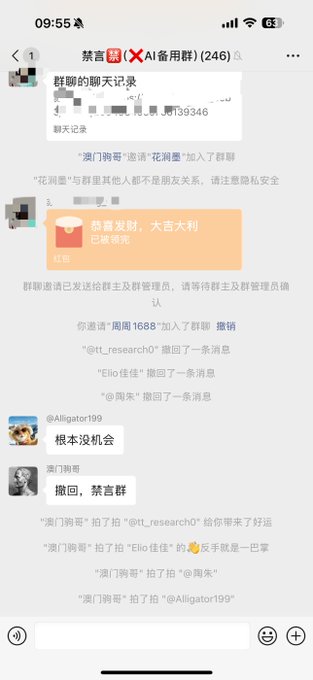 A screenshot of a Chinese chat group showing messages including '恭喜发财，大吉大利' and a red envelope greeting.
