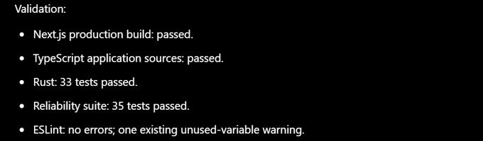 A developer shared a validation summary showing all tests passed (Next.js build, TypeScript, 33 Rust tests, 35 reliability suite tests, and ESLint with no errors), indicating the completion of their current task before moving on to "copymints."