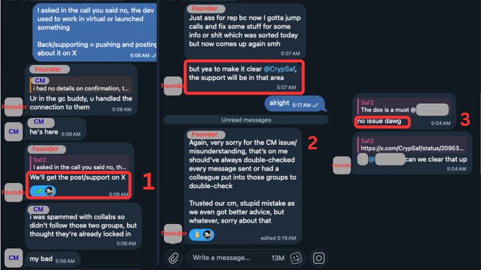 A screenshot of a Telegram conversation between "Founder," "CM," and "Saf2" discussing issues with virtual or launched projects on X, with key messages highlighted in red boxes including "We'll get the post/support on X" (5:06 AM), a reference to @CrypSaf and support being in that area (5:07 AM), and "no issue dawg" (5:04 AM), illustrating the founder's initial hesitation about disclosing involvement and subsequent double-checking due to a CM mistake.