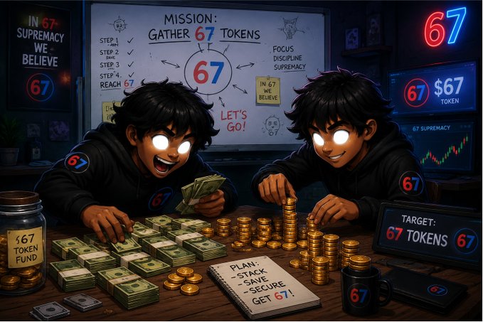 A cartoon-style illustration of two glowing-eyed figures in '67' branded hoodies surrounded by stacks of cash and gold coins, with mission boards reading 'GATHER 67 TOKENS', 'IN 67 SUPREMACY WE BELIEVE', and 'PLAN: STACK, SAVE, SECURE, GET 67!'.