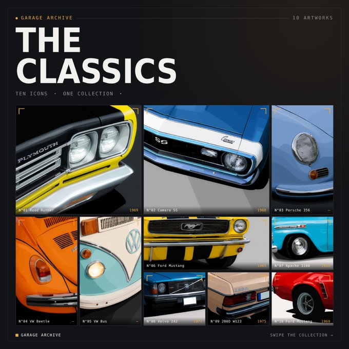A dark-themed digital artwork collection titled 'THE CLASSICS' by 'GARAGE ARCHIVE', displaying a grid of illustrated car close-ups featuring classic models like Plymouth Road Runner, Camaro SS, Porsche 356, and Ford Mustang.