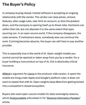 An article excerpt titled "The Buyer's Policy" discussing vendor risks in closed, hosted software, mentioning AI open-weights from Meta's Llama and referencing the "Reverse Information Paradox" by @sasyaneda.