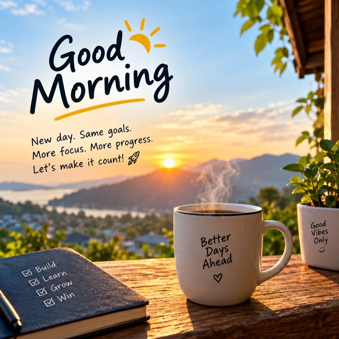 A 'Good Morning' motivational image featuring a sunrise over mountains, a steaming mug labeled 'Better Days Ahead,' and a checklist notebook with 'Build, Learn, Grow, Win' all checked off.