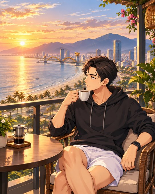 An anime-style illustration of a young man in a black hoodie and white shorts sitting on a balcony, drinking coffee while overlooking a coastal city at sunset.