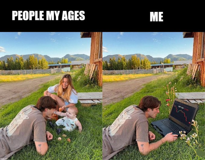 A split-panel meme contrasts "People My Ages" (a family relaxing outdoors with a baby and dog in a sunny rural setting) against "Me" (the same man lying in the grass watching a stock chart showing a 15.37% drop on a laptop). It humorously illustrates the poster's "locked in" dedication to watching markets plummet instead of enjoying life.