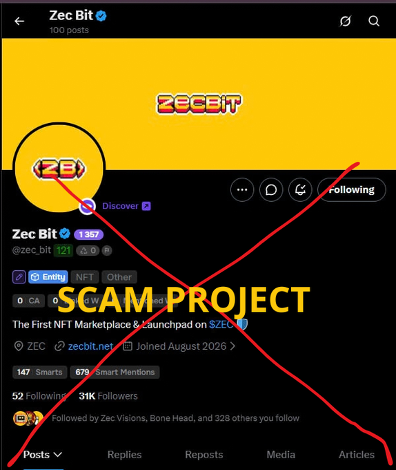 A Twitter/X profile page for 'Zec Bit' (@zec_bit) labeled 'SCAM PROJECT' with a large red X drawn over the entire screenshot.