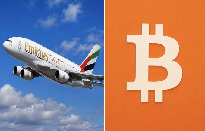 An Emirates Airbus A380 takes off under a partly cloudy sky on the left, paired with a Bitcoin logo on an orange background on the right—visually symbolizing the airline's announcement that it will soon accept cryptocurrency payments for flights.