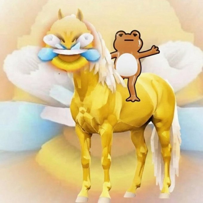 The image features a yellow horse with a brown frog perched on its back, surrounded by blue wings that appear to be floating in mid-air. The background of the image is a gradient of colors transitioning from white at the top to orange at the bottom. In the corner of the image, there's text that reads "if this is not the time to DCA into your conviction then when ?".