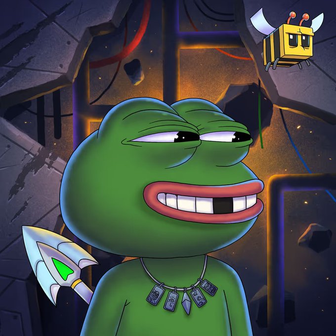 A cartoon illustration of a green Pepe the Frog character wearing a spiked necklace, with a small yellow box-like creature floating nearby.