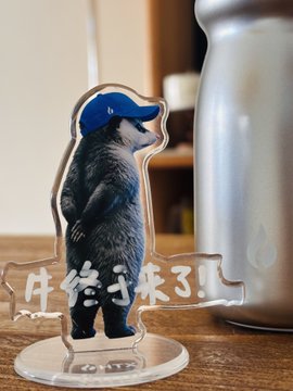 A clear acrylic standee features a raccoon wearing a blue cap, with Japanese text at the bottom.