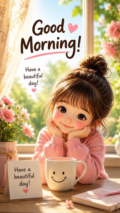 A cute illustrated girl with a high bun rests her chin on her hands beside a smiley mug and a "Have a beautiful day!" note, with "Good Morning!" and "Have a beautiful day!" text displayed in the scene—perfectly matching the cheerful "Gm Gm" greeting.