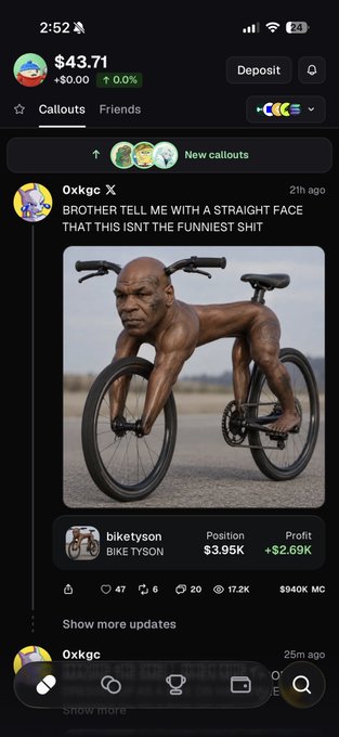 The image shows a social trading feed where a user named "0xkgc" posted a humorous AI-generated image of a man whose head and muscular body are merged with a bicycle, captioned "BROTHER TELL ME WITH A STRAIGHT FACE THAT THIS ISN'T THE FUNNIEST SHIT." Below the image, a profit notification for "biketyson (BIKE TYSON)" shows a position value of $3.95K with a profit of +$2.69K and a market cap of $940K, which ties directly to the post's mention of meme coin runners and Solana traders' activity.