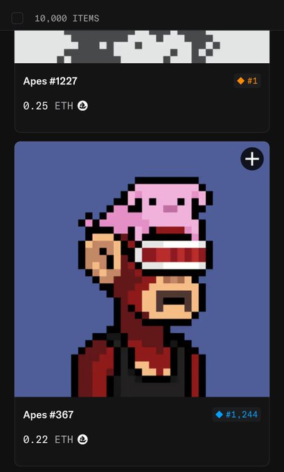 An NFT marketplace screenshot showing two items: 'Apes #1227' priced at 0.25 ETH, and 'Apes #367' priced at 0.22 ETH, with a header reading '10,000 ITEMS'.