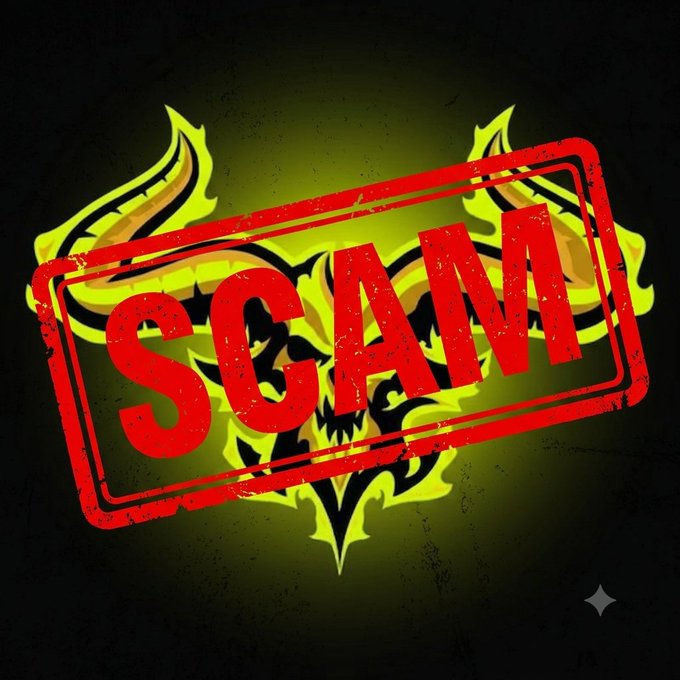 A glowing yellow stylized skull emblem is overlaid with a distressed red rectangular stamp reading "SCAM," visually reinforcing the post's warning about fraudulent projects within the Somnia ecosystem.