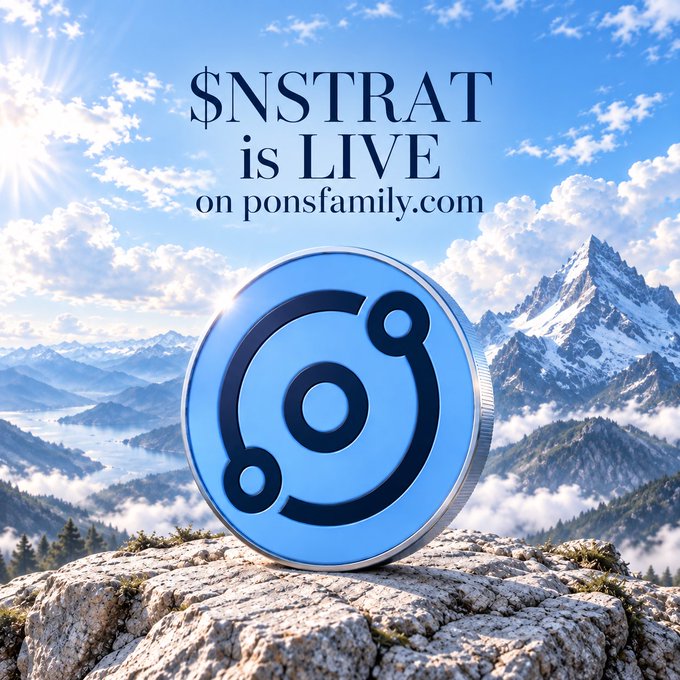 A promotional image announces that "$NSTRAT is LIVE on ponsfamily.com," featuring a large blue circular "$NSTRAT" coin/token emblem resting on a rocky mountaintop with a scenic mountain range and bright sky in the background. The coin design visually represents the cryptocurrency launch referenced in the post, which provides its contract address (0x204652A8a7A14ff7Ab5c3329462e5DAE9CaFF60B) and 3% trading tax details.