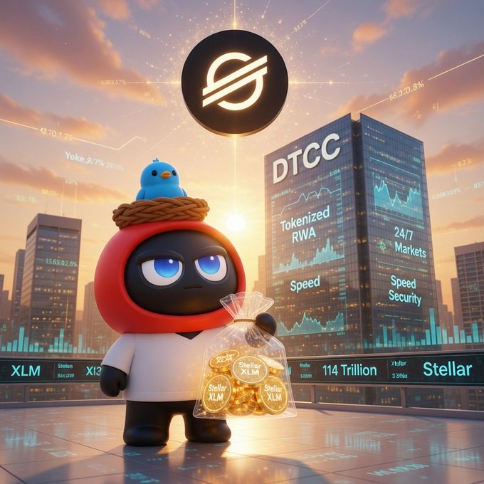 The image features a small robot figure dressed in a red hoodie with a blue bird perched on its head. The robot figure holds a bag filled with gold coins, which are presumably tokens or digital assets. In the background, there's a city skyline with tall buildings and a large sign that reads "DTCC". This suggests that the image is related to cryptocurrency trading or tokenized RWA (Regulated Trust Arbitration Service) in some way. The post seems to be discussing the involvement of the DTCC in tokenized RWA, possibly using the robot figure as an example.