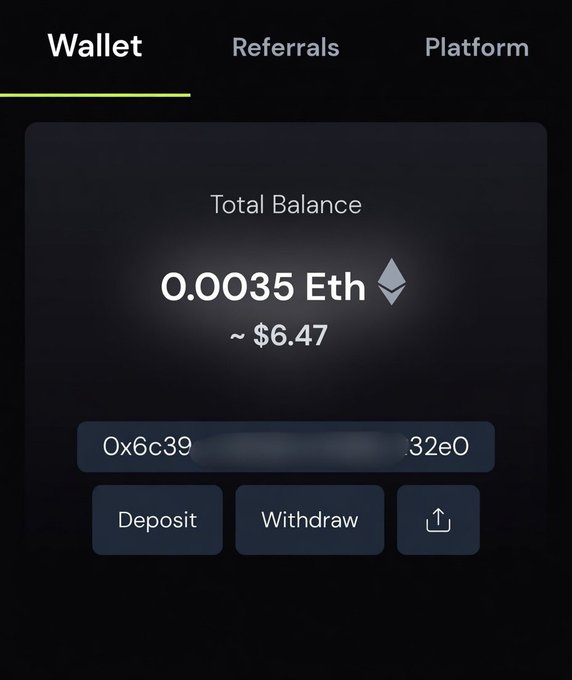 A digital wallet interface shows a Total Balance of 0.0035 ETH (~$6.47) in a partially redacted wallet address beginning with "0x6c39," with Deposit, Withdraw, and share buttons below. The image supports the claim that users earned $5–$20 by displaying a small crypto balance from selling profile keys on the platform.