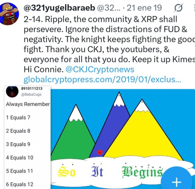 A tweet from @321yugelbaraeb about Ripple and XRP community perseverance, quoting @BabaCugs who posted 'Always Remember: 1 Equals 7, 2 Equals 8, 3 Equals 9, 4 Equals 10, 5 Equals 11, 6 Equals 12' alongside an image of three colored mountains labeled 'So It Begins'.