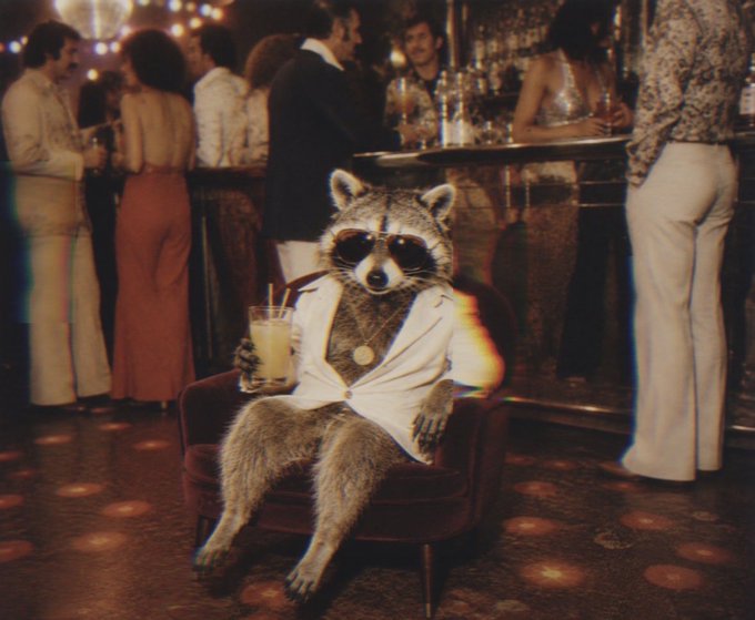 A raccoon dressed in a white tuxedo jacket sits in a chair at a retro disco bar, holding a drink with a straw while people dance in the background.