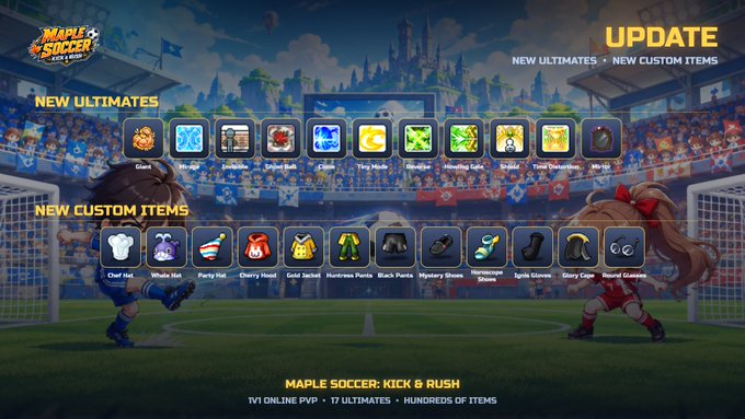 An update announcement graphic for 'MAPLE SOCCER' showcases 'NEW ULTIMATES' and 'NEW CUSTOM ITEMS' icons, with text highlighting '17 ULTIMATES' and 'HUNDREDS OF ITEMS'.
