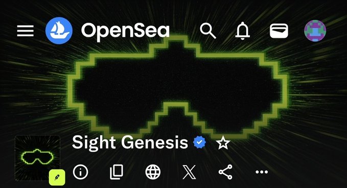 An OpenSea profile page displays the collection 'Sight Genesis' with a pixelated green sunglasses logo on a dark, radiating background.