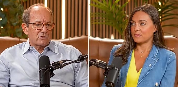 The image shows two podcast guests seated in front of microphones in a studio setting, with an older bespectacled man in a light shirt on the left and a woman in a yellow top with denim jacket on the right. The accompanying post appears to discuss #PiNetwork's decentralized exchange capabilities in contrast to Bitcoin's volatility for commercial payments, though no text or identifying information is visible in the image itself to confirm the speakers' identities or connection to MARA or Pi Network.