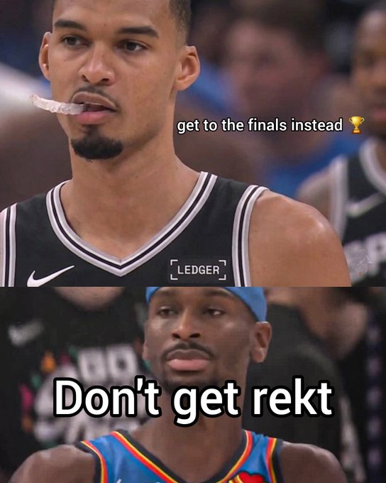 The image features two basketball players wearing black jerseys with white lettering. One player has his mouth open while the other player looks at him. The caption of the image reads "Don't get rekt" which is a playful take on the safety rule in basketball, where players are not allowed to intentionally trip or foul another player. This post seems to be promoting a lighthearted approach to sportsmanship and teamwork rather than strictly adhering to the rules.