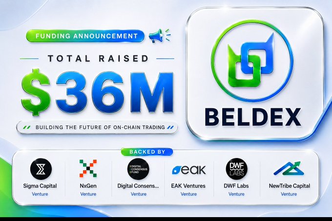 The image is a funding announcement graphic for Beldex (BDX) showcasing a $36M total raise, backed by investors including Sigma Capital, NxGen, Digital Consensus Fund, EAK Ventures, DWF Labs, and NewTribe Capital, with the tagline "Building the Future of On-Chain Trading"—visually supporting the post's claim of Beldex's strong $36M funding backing while promoting its new Loyalty Points Program.