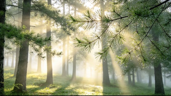 Sunlight streaming through the branches of pine trees in a misty forest, creating dramatic light rays.