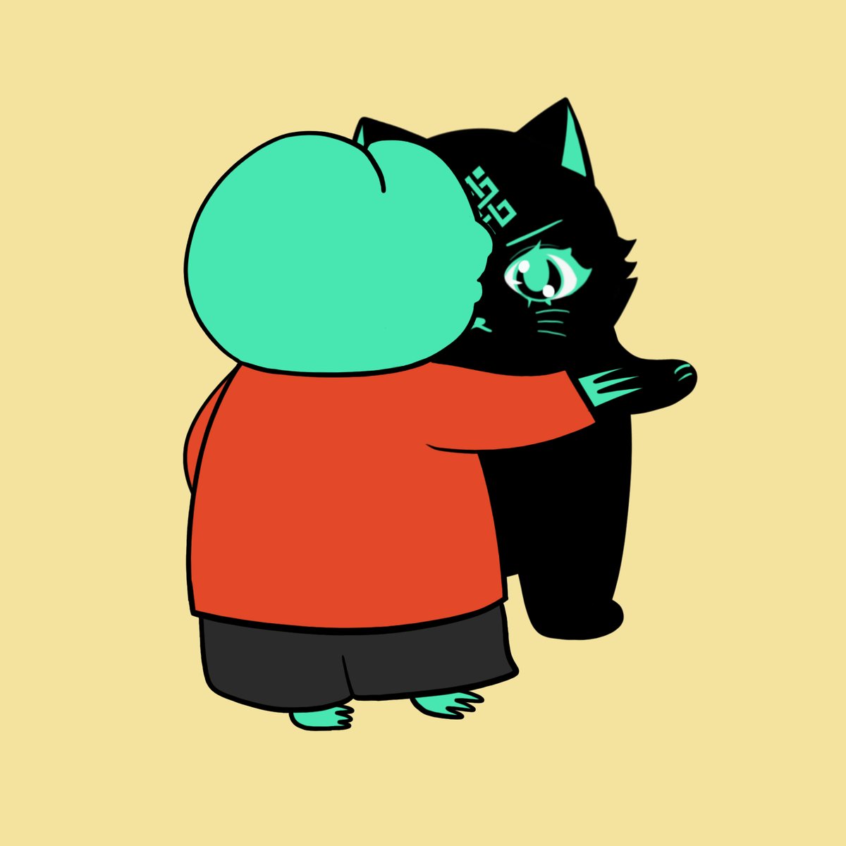 The image features a cartoon cat wearing an orange shirt, standing next to a person who has their arm around the cat's neck. The scene appears to be set against a yellow background with the caption "Good morning Great Ritual Happy new week, time to build the future where smart contracts don't just compute, they think, see, hear and act." This suggests that the image is related to a post about smart contract technology or blockchain, possibly discussing the importance of thinking and acting in this context.