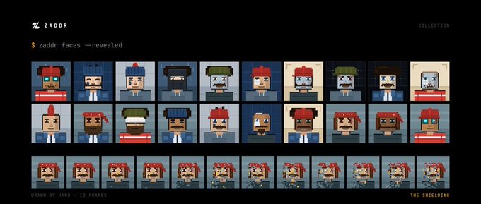 A digital collection page titled 'ZADDR' displays pixel art character faces labeled 'zaddr faces --revealed' with 'GRAND BY ZADX - 12 FRAMES' and 'THE SHIELDING' at the bottom.