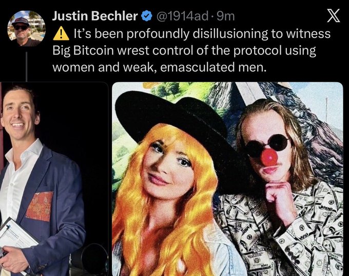 The image shows a tweet from Justin Bechler (@1914ad) stating "It's been profoundly disillusioning to witness Big Bitcoin wrest control of the protocol using women and weak, emasculated men," accompanied by a photo of a smiling man in a suit alongside an image of a blonde woman in a hat and a man with a red clown nose. The accompanying caption references "Carla," likely referring to the woman depicted, suggesting Bechler is mocking the idea that policy changes like full-RBF were implemented at the behest of women in the Bitcoin space, using dehumanizing imagery (the clown nose and red-light district setting) to belittle opposing viewpoints.