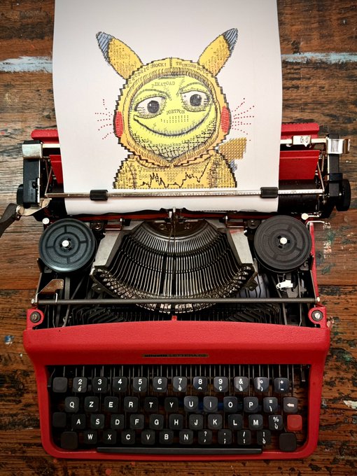 A red typewriter on a wooden surface with a hand-drawn illustration of a smiling cat-like creature wearing a hood printed on the paper.